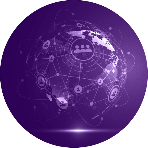 Circular photo of a purple globe made of networks, encircled by a pink-purple-to-blue ombre paint stroke